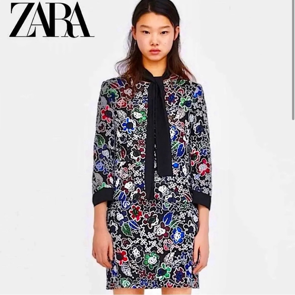 Zara Vintage 3D Floral Textured tailored Embroidered Lace colorful crop blazer L
